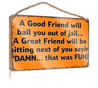 Panneau mural en bois pour salle de bain « A Good Friend Will Bail You Out Of Jail » - Décoration amusante pour salle de bain (15 x 28 cm)