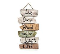 Panneau mural en bois rustique avec inscriptions en anglais (Live, Dream, Work, Imagine, Laugh, Love) - Décoration d’intérieur murale en bois