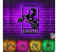 Panneau mural en métal personnalisé avec numéro de nom de motocross, lumières néon, décoration murale de moto, panneau d'aventure de motocross, panneau de nom de vélo de saleté pour garçon, club