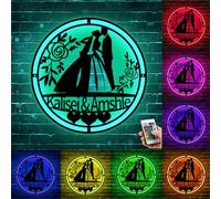 Panneau mural en métal personnalisé avec silhouette de jeunes mariés avec lumières LED, nom de couple personnalisé, décoration murale anniversaire de la mariée et du marié, décoration d'intérieur