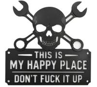 Panneau Mural En Métal This Is My Happy Place, Drôle « This Is My Happy Place Don't F*ck It Up » Panneau En Métal Noir - Motif Tête De Mort Et or Garage, Atelier(1pcs,11.81in)