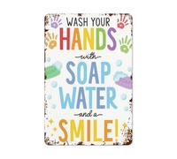 Panneau mural en métal « Wash Hands With Soapy Water And A Smile, Wash Hands With Soapy Water And A Smile » - Pour école, salle de bain, école, infirmière, clinique de santé - 30,5 x 40,6 cm
