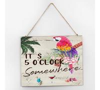 Panneau mural « It's Five O'Clock Somewhere » en bois rustique - Flamant rose tropical hawaïen Aloha - Décoration d'intérieur pour salon, porte d'entrée - 25,4 x 30,5 cm