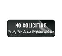 Panneau mural ou de porte autocollant en plastique acrylique « No Soliciting Family Friends And Neighbors Welcome » - 25,4 x 7,6 cm - Avec symboles - Pour restaurant, salon, hôtel, motel, toilettes