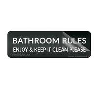 Panneau mural ou de porte en plastique acrylique avec inscription « Bathroom Rules Enjoy & Keep It Clean Please » - Coins arrondis - Longue durée - Avec ruban adhésif puissant au dos - 25,4 x 7,6 cm