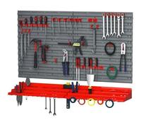 Panneau mural porte-outils - PZCC - Ensemble de 54 porte-outils - Bacs de rangement - Crochets - PP - Gris et rouge