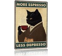 Panneau mural vintage en métal avec motif chat noir « More Espresso Less Depresso » - Décoration vintage - Peinture en fer - 15,2 x 20,3 cm