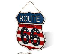 Panneau mural vintage Route 66, design décoratif en métal, décoration d'intérieur rustique avec corde de suspension (rouge)