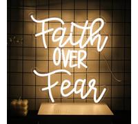 Panneau néon à DEL « Faith Over Fear » pour mur, intensité variable, lettres blanches chaudes, lumières néon pour chambre à coucher, cave, salle de lise, dictons religieux chrétiens