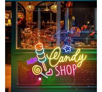 Panneau néon avec sucette mignonne, logo d'entreprise personnalisé, panneau d'ouverture, décoration murale de magasin de bonbons, panneau de bienvenue LED avec bonbons.