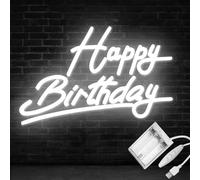 Panneau néon blanc « Happy Birthday » à piles, alimenté par USB pour décoration murale, luminosité réglable « Happy Birthday » (15 x 9,6 pouces)