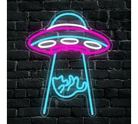 Panneau néon chat UFO - Vaisseau spatial - LED - Lampe de nuit pour enfants - Astronomie - Amusant - Chambre à coucher - Cadeau d'anniversaire - Alimentation USB (40,6 x 33,2 cm)