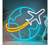 Panneau néon de la Terre en forme d'avion avec globe LED pour décoration murale - Lumières néon bleu glacial USB à intensité variable pour chambre, chambre d'adolescent, grotte d'homme, église, fête