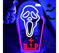 Panneau néon d'Halloween avec miroir, fantôme effrayant violet, fonctionne à piles, décoration murale gothique pour maison hantée, intérieur et extérieur (piles AA non incluses)