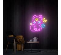 Panneau néon en forme de chat avec lune et étoiles, décoration murale kawaii, décoration de chambre, cadeau d'anniversaire pour chambre de fille