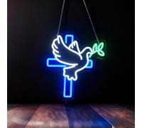 Panneau néon en forme de colombe de la paix pour décoration murale, croix de Jésus en forme de pigeon volant, lampe néon à LED Christ Peace Bird Freedom pour décoration murale, branche de feuille,