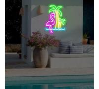 Panneau Néon Flamingo Palmier Étanche, Panneau Oasis Extérieur, Décoration de Bar de Piscine, Panneau Paradis en Bord de Piscine, Panneau Néon Tropical, Décoration Flamingo
