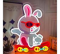 Panneau Néon Lapin Skateboard à Intensité Variable Mignon Lapin à Lunettes Skateboard Lumière Néon Alimenté USB Imprimé UV Lumières LED Panneau Néon Animal pour Chambre Salon Salle de Jeux Bar Fête