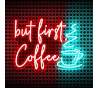 Panneau néon LED « But First Coffee » - 5 V - Décoration murale pour café, bar, fête, salon, cadeau - Alimenté par USB - Avec interrupteur à intensité variable - 35 x 30 cm