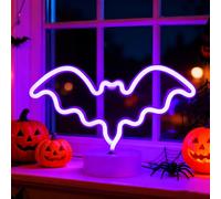 Panneau néon LED violet alimenté par batterie/USB en forme de chauve-souris avec socle pour chambre à coucher, bar, bureau, décoration d'Halloween (28 x 10 x 18 cm)