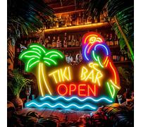 Panneau néon Tiki Bar ouvert avec perroquet et palmier, panneau lumineux néon LED multicolore pour bar à la maison