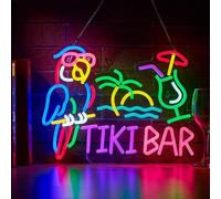 Panneau néon Tiki Bar Perroquet Palmier pour décoration murale Hawaï Beach Bar Panneau lumineux LED avec variateur d'intensité pour pub fête homme grotte chambre art décoration cadeau