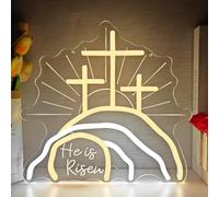 Panneau néon vide pour Pâques - Intensité variable - Inscription « He Is Risen » - Croix de résurrection chrétienne - Lumière du calvaire - Crèche de Jésus - Décoration murale religieuse
