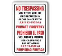 Panneau « No Trespassing » - Private Property Warning Violators Will Be Prosecuted In Accordance With Ars 13 1502 A1 - Métal aluminium - 15,2 x 20,3 cm