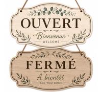 Panneau ouvert fermé bilingue, plaque de porte double face 27 x 15 cm | Signalétique recto verso français-anglais, corde 50 cm, style panneau decoratif et affiche vintage