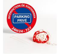 Panneau parking privé interdiction de stationner 24H/24 7J/7 disque prépercé + chaine plastique rouge/blanc + collier de serrage