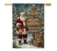 Panneau Père Noël Pôle Nord Drapeau Maison 71 x 101,6 cm | Panneau du pôle Nord, drapeau de pelouse, pins enneigés, lanterne lumineuse, sac cadeau, pays des merveilles d'hiver