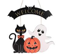 Panneau Porte d'Halloween, Fantôme Citrouille Chat Noir Bienvenue Couronne Porte d'Entrée Bois Cintre Joyeux Halloween Panneau Suspendu Mur Maison Extérieur Cour Fête Maison Hantée Décoration