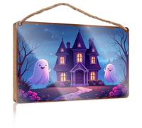 Panneau pour porte de bureau à domicile - Nuit d'Halloween amusante : château effrayant avec des fantômes amicaux - Panneau en bois - Décoration de porche - Panneau de bienvenue pour porte d'entrée