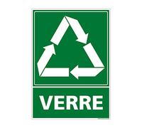 Panneau Recyclage VERRE, Tri sélectif des déchets VERRE. Recyclage en déchetterie. Autocollant, PVC ou Alu, au choix - 75 x 105 mm - Adhésif - Adhésif -