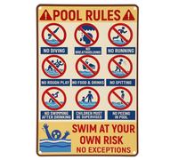 Panneau Règles de Piscine, 20x30cm Alliage D'aluminium Baignade à Vos Risques et Périls Sans Exception Réfléchissant et Imperméable Décoration Rétro pour Piscine Extérieure Terrasse Jardin Plage