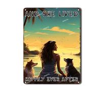 Panneau rétro en aluminium avec inscription « Dog Surfing and her Happy Life Girl » - Décoration murale vintage pour jardin, garage, grotte, abri de jardin, bureau, salle d'artisanat - 30,5 x 40,6 cm