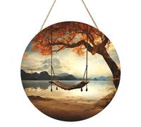 Panneau rond en bois à suspendre avec balançoire d'automne et arbre de 30,5 cm - Panneau de porte en bois MDF à suspendre avec corde - Cadeau de décoration d'intérieur de ferme