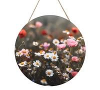 Panneau rond en bois de 30,5 cm à suspendre avec corde Motif fleurs de prairie et marguerites