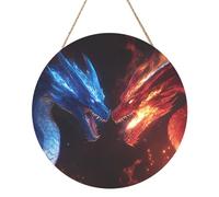 Panneau rond en bois de 30,5 cm avec motif dragons de glace et de feu, décoration murale rustique avec corde