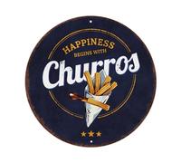 Panneau rond en métal vintage Happiness Begins With Churros, décoration murale pour salon, bar, maison, chambre à coucher, poster rétro en métal 20,3 x 20,3 cm
