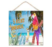 Panneau rustique en bois « It's Five O'Clock Somewhere » - Décoration murale pour cheminée, fleur, feuilles, ara, décoration murale rétro pour chambre à coucher, 30,5 x 30,5 cm