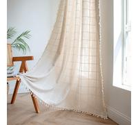 Panneau semi-occultant en coton et lin avec pompons brodés à carreaux pour chambre à coucher, 140 x 160 cm (l x L), draperie élégante