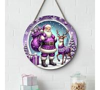 Panneau Série De Pendentifs Ronds En Bois De Noël Représentant Le Père Noël Et Ses Rennes, À Suspendre Pour La Maison Et L'Extérieur