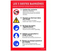 Panneau signalisation A4 vinyle adhésif Les 5 gestes barrières en 3 langues- 210 x 297 mm