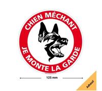 Panneau signalisation adhésif chien méchant - Je monte la garde - Diamètre 125 mm - Adhésif autocollant - Rond