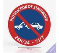 Panneau signalisation interdiction de stationner 24H/24 7J/7 mise en fourrière - Diamètre 125 mm - Aluminium