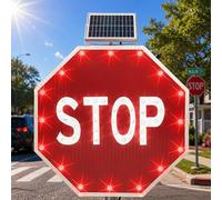 Panneau STOP clignotant LED solaire, panneau STOP clignotant extérieur avec capteur de lumière intelligent, sans câblage, panneau de signalisation en aluminium étanche IP65 pour allée,carrefour 24in