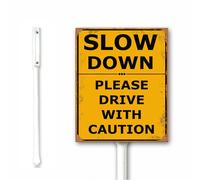 Panneau vintage en aluminium « Slow Down Down » « Please Drive With Caution Yard » avec piquet - 12 x 15 cm - Contrôle de la vitesse de croisement - Sécurité routière - Plaque en métal pour