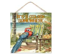 Panneau vintage en bois « It's Five O'Clock Somewhere » - Décoration primitive pour porche, plage, vacances, perroquet - Décoration murale antique pour chambre d'enfant - 30,5 x 30,5 cm