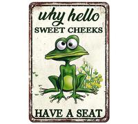 Panneau vintage en métal amusant avec motif grenouille « Why Hello Sweet Cheeks Have A Seat » - Décoration de salle de bain - 30,5 x 40,6 cm